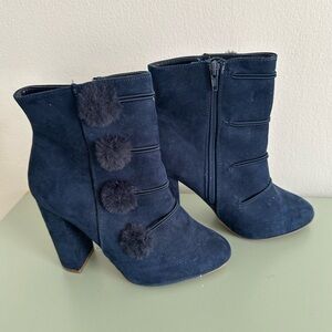 Abella Navy Heeled Boots with Pom Pom Detail